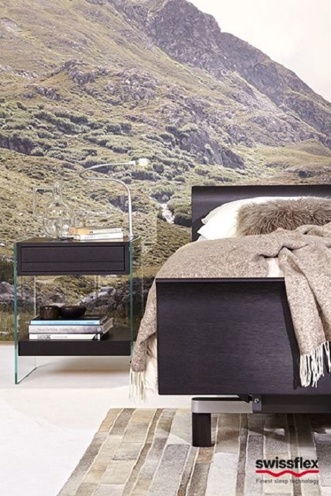 Swissflex nachtkastje, bijzettafel,glas,lade,50 breed, lounge bed design, wenge, noten,grijs